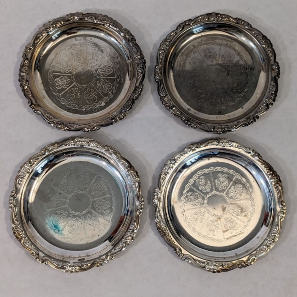 Vintage Silver Plated Coasters Trinket Tray Set of 4 Etched Scroll Made
